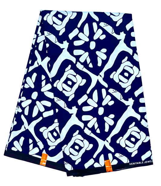 African Print Fabric/ Ankara - Navy, White 'Level Don Change' Design, YARD or WHOLESALE