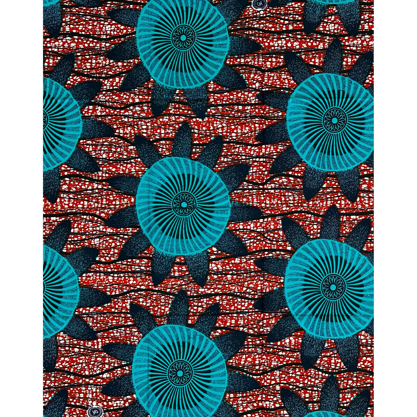 African Print Fabric/ Ankara - Brown, Teal, Navy ‘Kinetic Sun ' Design, 1 YARD