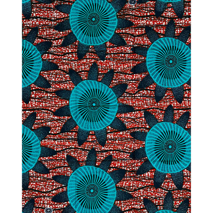 African Print Fabric/ Ankara - Brown, Teal, Navy ‘Kinetic Sun ' Design, 1 YARD