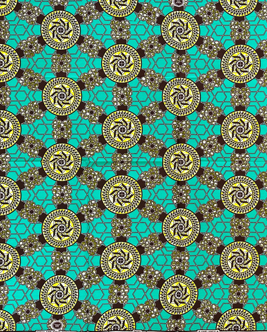 African Fabric/ Ankara - Turquoise, Yellow, Brown, Green "Crown of the World", 1 YARD