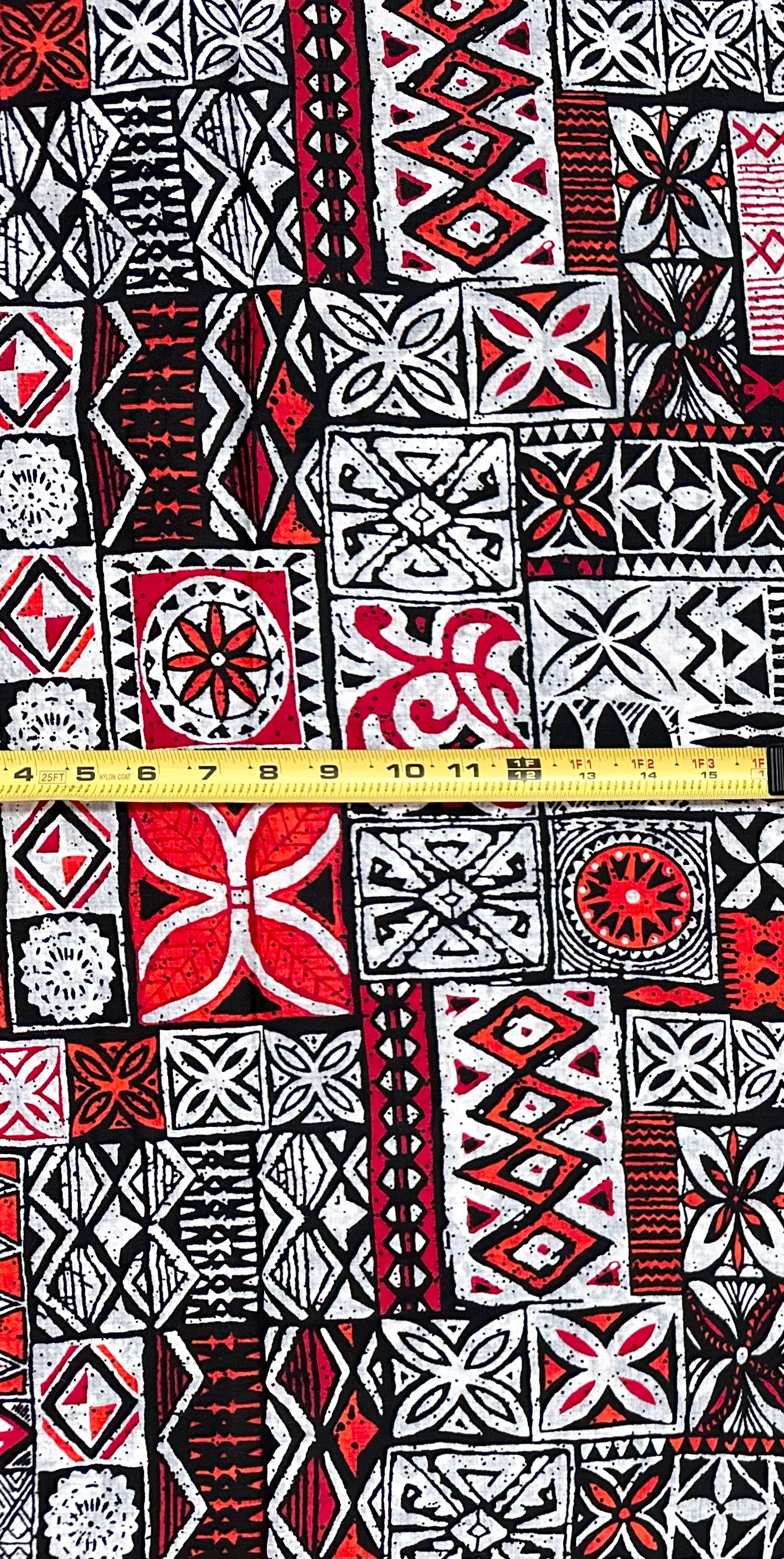 African Print Fabric/ Ankara - Red, Orange, Black, White 'Nsibidi House’, YARD or WHOLESALE