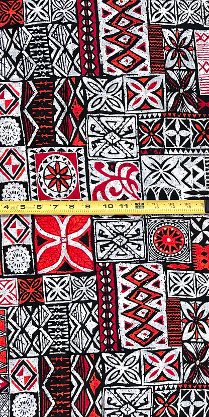 African Print Fabric/ Ankara - Red, Orange, Black, White 'Nsibidi House’, YARD or WHOLESALE