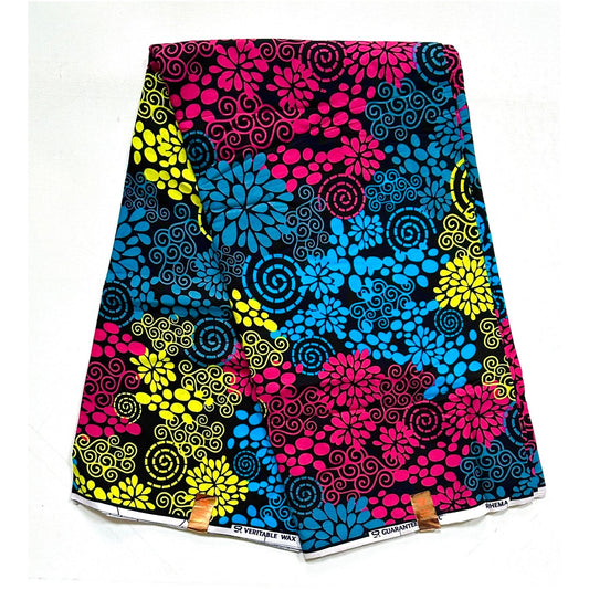 African Fabric/ Ankara - Pink, Blue, Yellow, Gray, Black 'Wedad Bouquet,' Design, YARD or WHOLESALE