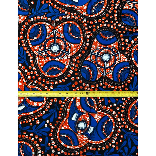 African Print Fabric/ Ankara - Orange, Blue, Black 'Love In Motion,' YARD