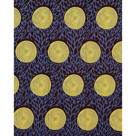 African Print Fabric/Ankara - Blue - Gray, Brown "Yellow Sun Tori" Design