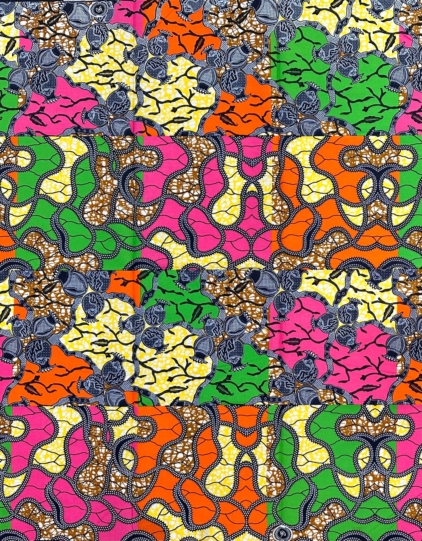 African Print Fabric/ Ankara - Pink, Orange, Green, Yellow 'Everybody’s Cousin', 1 YARD
