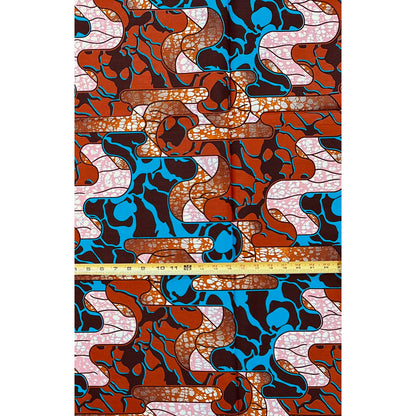 African Print Fabric/ Ankara - Brown, Blue ‘Side Streets' Design, 1 YARD