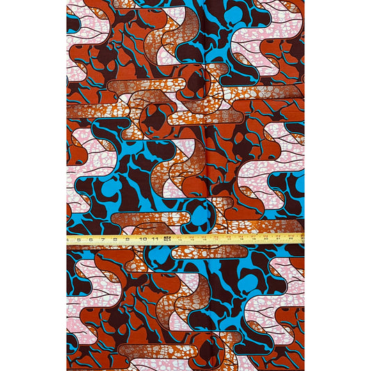 African Print Fabric/ Ankara - Brown, Blue ‘Side Streets' Design, 1 YARD