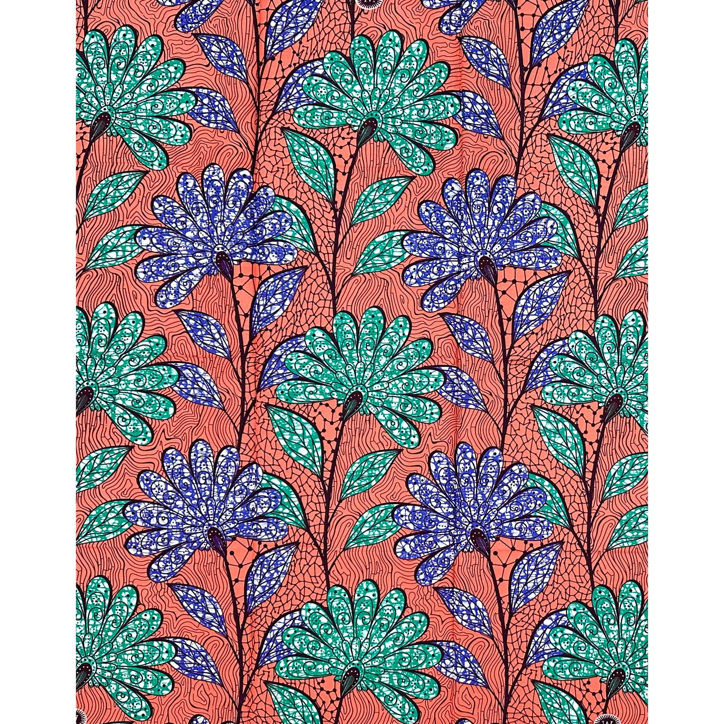 African Print Fabric/ Ankara - Apricot, Green, Blue "Ada Flora", YARD