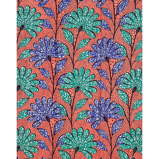 African Print Fabric/ Ankara - Apricot, Green, Blue "Ada Flora", YARD
