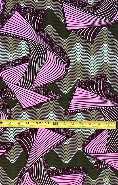 African Print Fabric/Ankara - Pink, Green, Brown "Pulse & Rhythm" Design, 1 Yard
