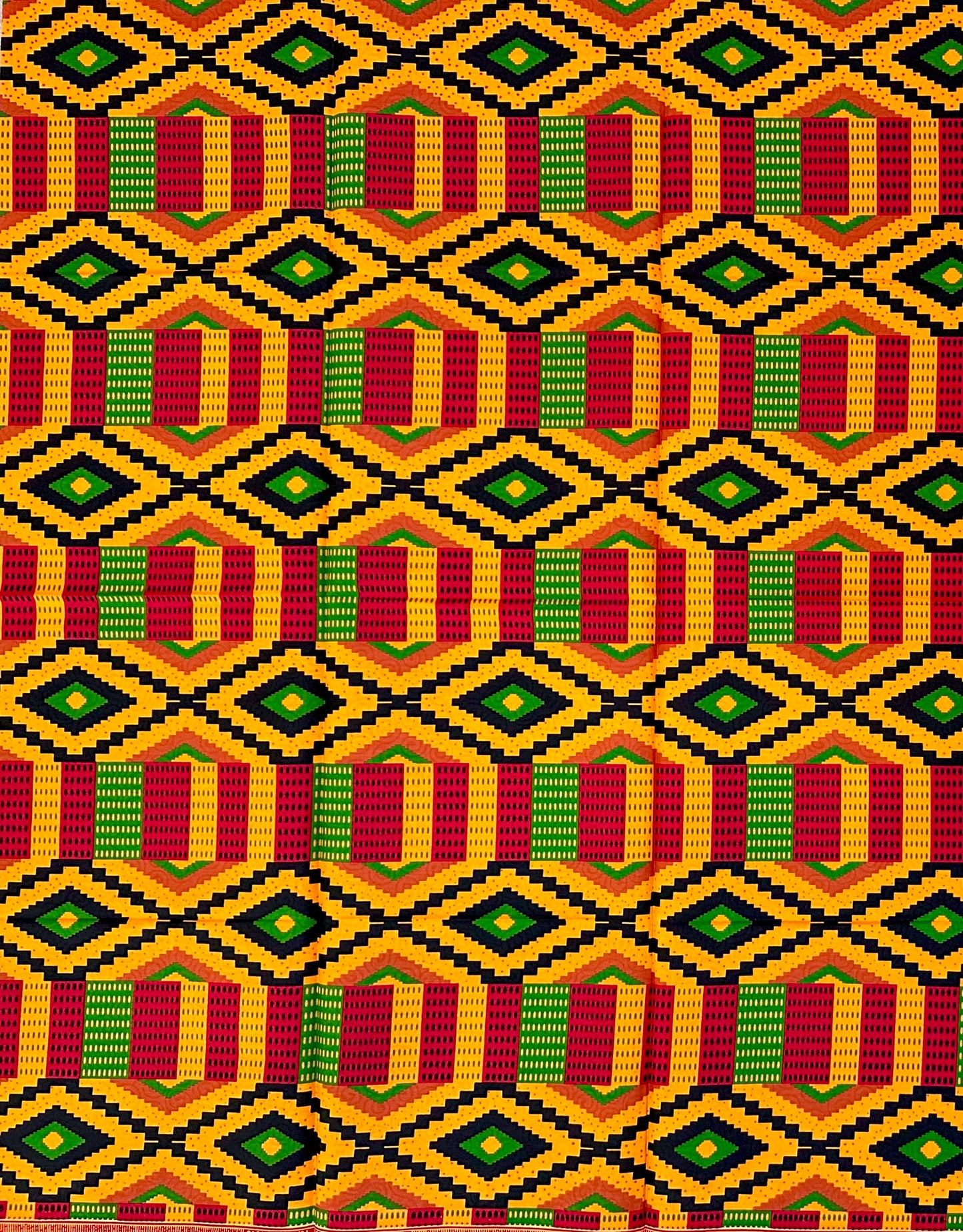African Print Fabric/Ankara - Orange, Red, Black, Green "Still We Rise" Kente, 1 Yard