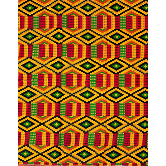 African Print Fabric/Ankara - Orange, Red, Black, Green "Still We Rise" Kente, 1 Yard