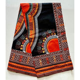 African Dashiki Print Fabric/ Ankara - Beautiful Black & Orange Design, YARD, PANEL or WHOLESALE