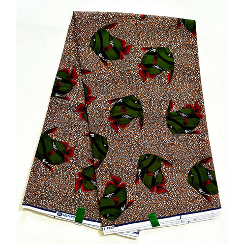 African Print Fabric/ Ankara -Brown, Green, Red 'Gone Fishing', Per Yard or Wholesale