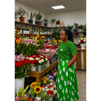 African Print Fabric/ Ankara - Green, White 'Ewé of the Land' Design, YARD or WHOLESALE