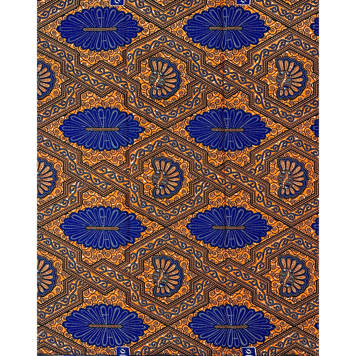 African Print Fabric/ Ankara - Orange, Blue, ‘Who Know No Dey Lost' Design, 1 YARD