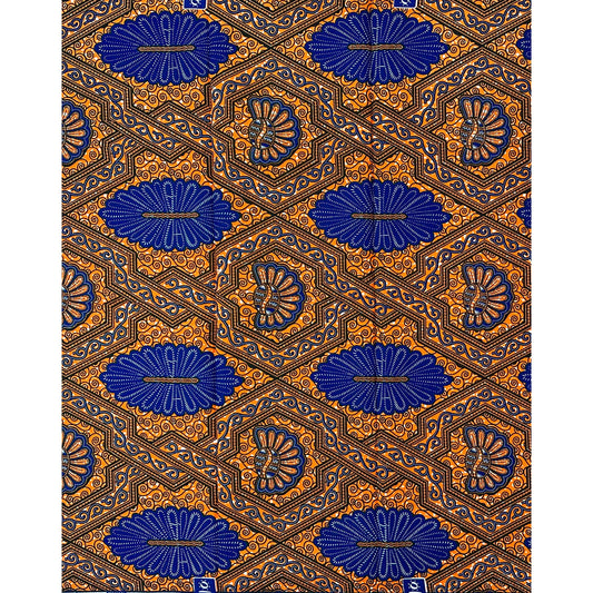 African Print Fabric/ Ankara - Orange, Blue, ‘Who Know No Dey Lost' Design, 1 YARD