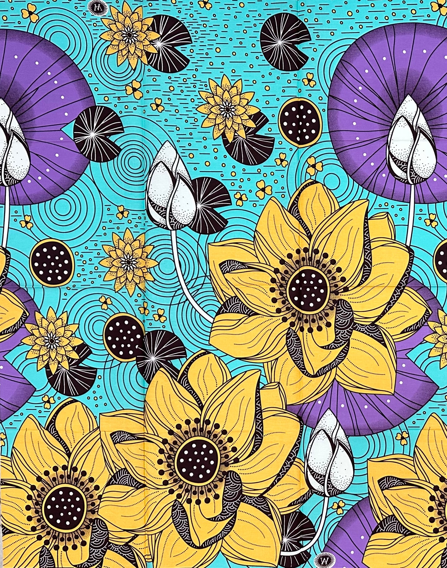 African Print Fabric/Ankara - Blue, Purple, Yellow “Lotus at Daybreak" Design, 1 Yard