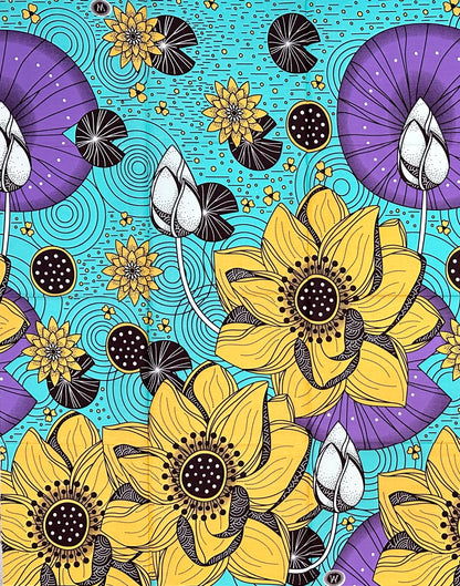 African Print Fabric/Ankara - Blue, Purple, Yellow “Lotus at Daybreak" Design, 1 Yard