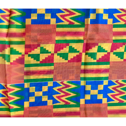 African Print, Chiffon Fabric - Yellow, Blue, Red, Green "Emperor’s Kente", ~2 Yards