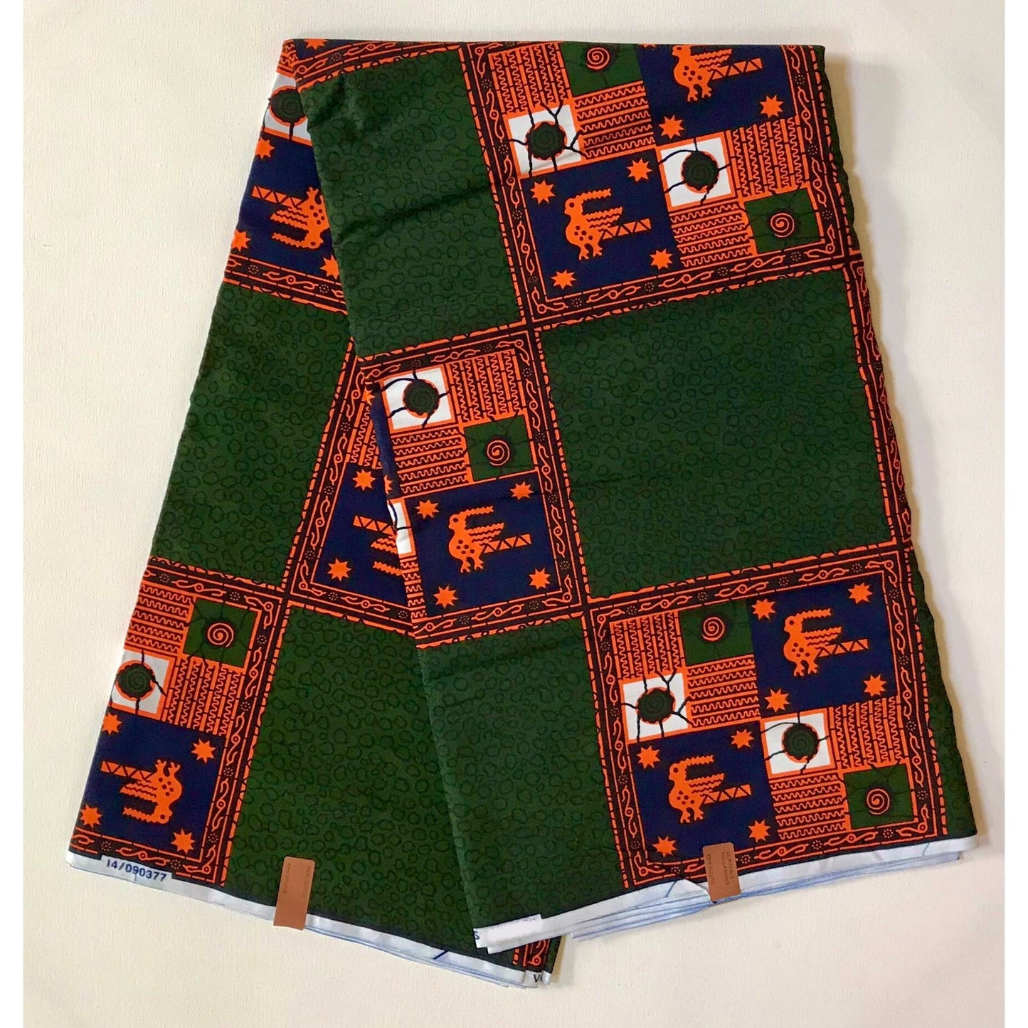 African Print Fabric/Ankara - Green, Orange, Navy 'Riddle of Wa' Design, YARD or WHOLESALE