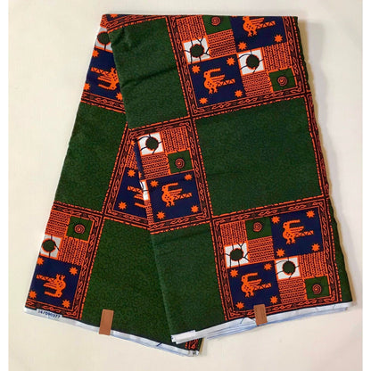 African Print Fabric/Ankara - Green, Orange, Navy 'Riddle of Wa' Design, YARD or WHOLESALE