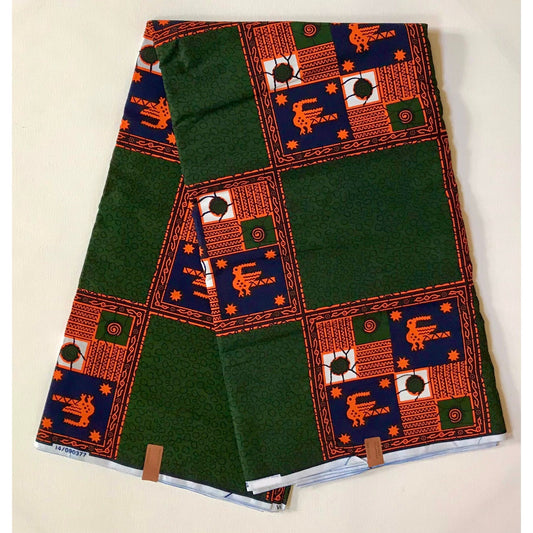 African Print Fabric/Ankara - Green, Orange, Navy 'Riddle of Wa' Design, YARD or WHOLESALE