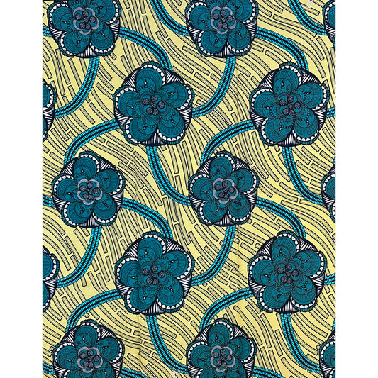 African Print Fabric/ Ankara - Beige, Blue, Teal 'Silent Growth', 1 Yard