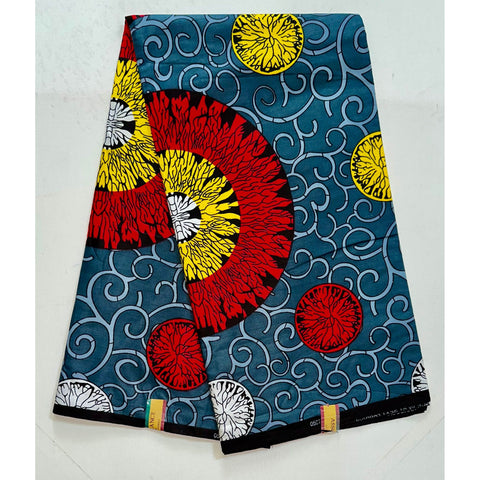 African Print Fabric/ Ankara - Gray, Red, Yellow "Reflection," YARD or WHOLESALE