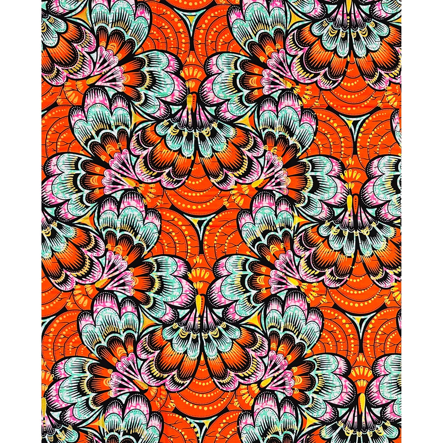 African Print Fabric/ Ankara - Orange, Turquoise, Pink, Shimmering Gold 'Festival of Fireflowers’ YARD or WHOLESALE