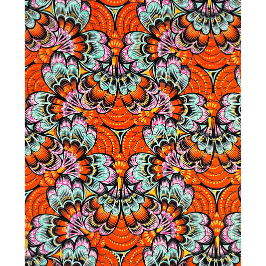 African Print Fabric/ Ankara - Orange, Turquoise, Pink, Shimmering Gold 'Festival of Fireflowers’ YARD or WHOLESALE