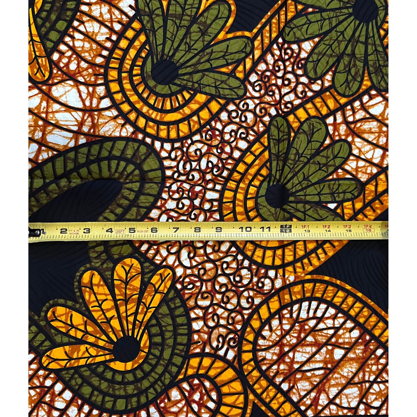 African Print Fabric/ Ankara - Brown, Green, Marigold, Black ‘E Get Sense' Design, 1 YARD