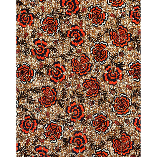 African Print Fabric/Ankara - Orange, Brown, Black "Plenty Petal" Design, Per Yard