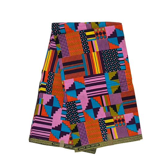 African Print Fabric/ Ankara - Shades of Purple, Orange, Blue 'Eden’s Mosaic' Kente, YARD or WHOLESALE