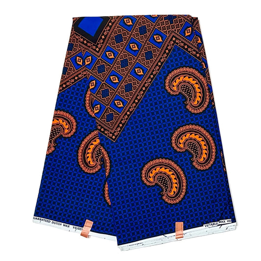 African Print Fabric/ Ankara - Blue, Orange 'Oga’s Best' Design, YARD or WHOLESALE
