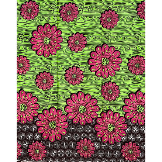 African Print Fabric/ Ankara - Brown, Green, Pink ‘Zoba Blossoms' Design, 1 YARD