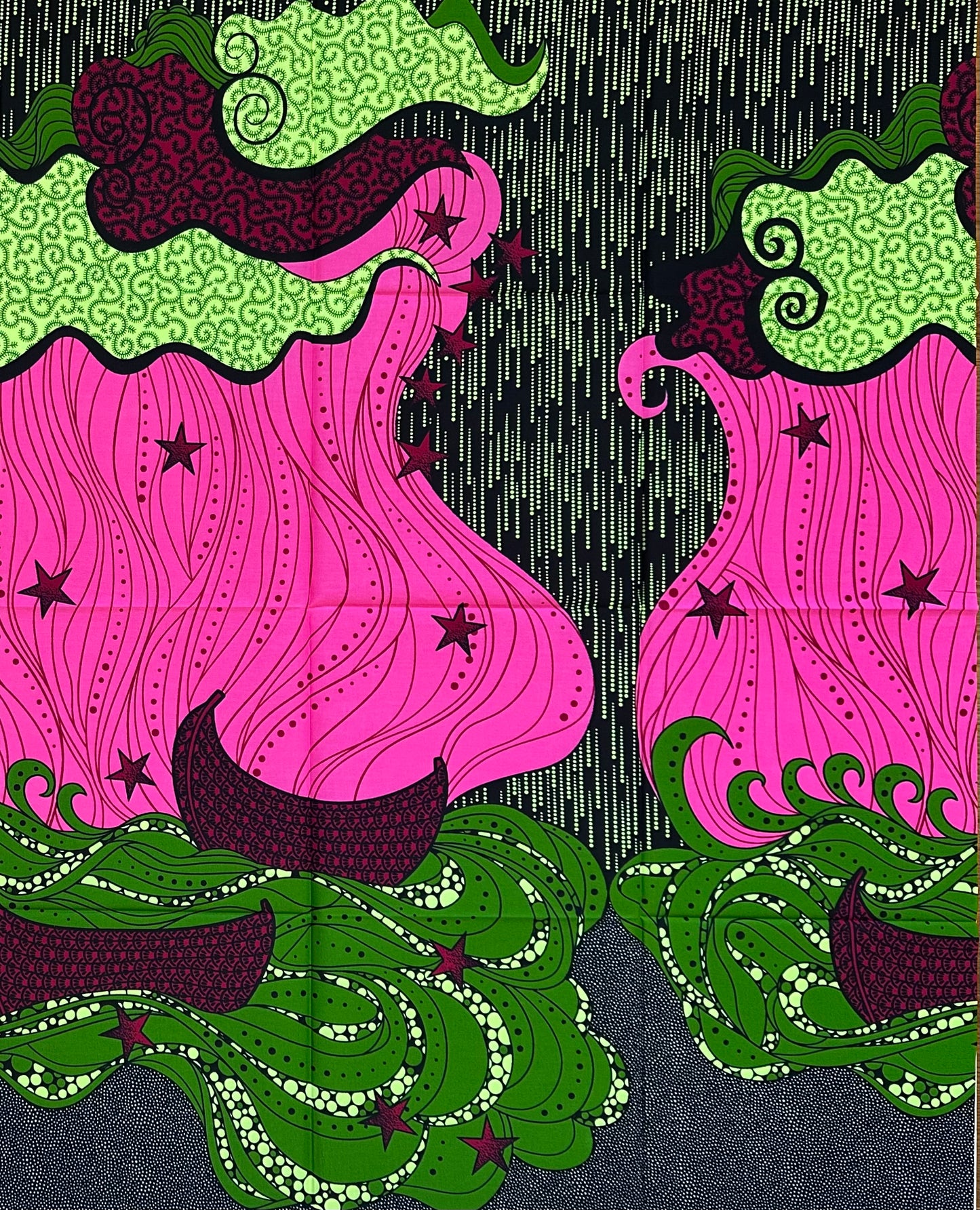 African Print Fabric/ Ankara - Pink, Green, Dark Red, Black ‘Garden Margins' Design, YARD