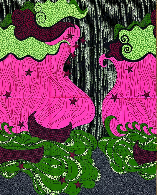 African Print Fabric/ Ankara - Pink, Green, Dark Red, Black ‘Garden Margins' Design, YARD