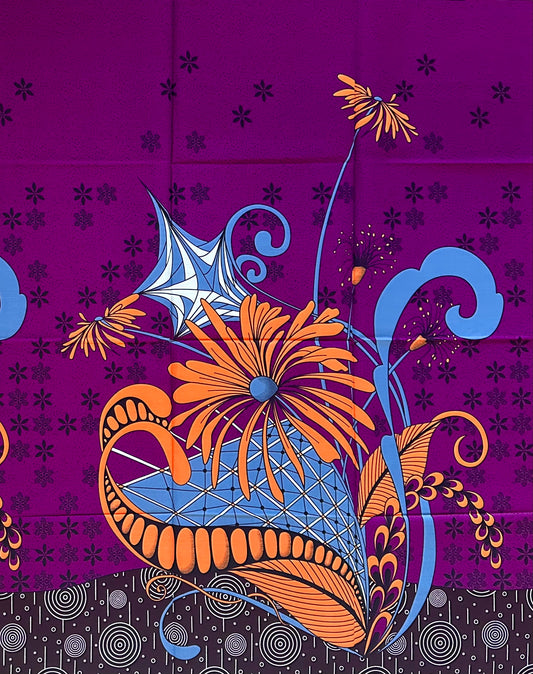 African Print Fabric/ Ankara - Purple, Gray, Orange 'The Curve of Things,’ 1 YARD