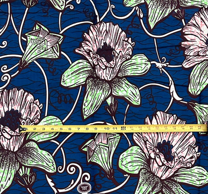 African Print Fabric/Ankara - Blue, Pink, Green ‘Abidjan Bloom', YARD or WHOLESALE