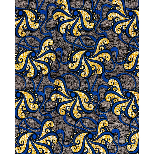 African Print Fabric/ Ankara - Blue, Orange ‘Kairo Flow' Design, 1 YARD