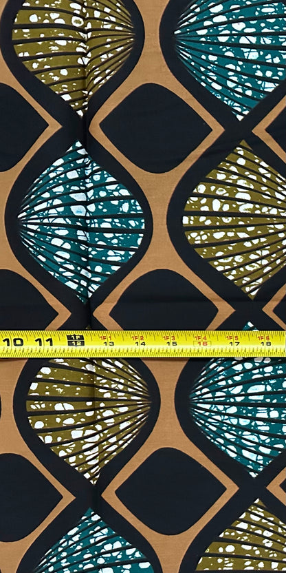 African Print Fabric/ Ankara - Brown, Teal 'Reed Song', 1 Yard