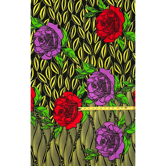 African Print Fabric/ Ankara - Yellow, Brown, Red, Purple, Green 'Ogba Rose,’ 1 YARD