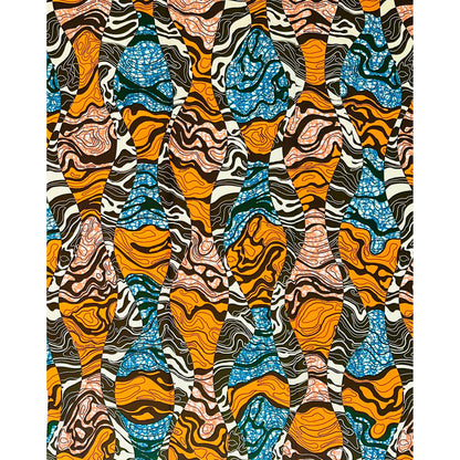African Print Fabric/ Ankara - Orange, Blue, Brown, Green ‘Omi Ara Flow' Design, 1 YARD