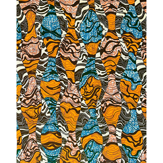 African Print Fabric/ Ankara - Orange, Blue, Brown, Green ‘Omi Ara Flow' Design, 1 YARD