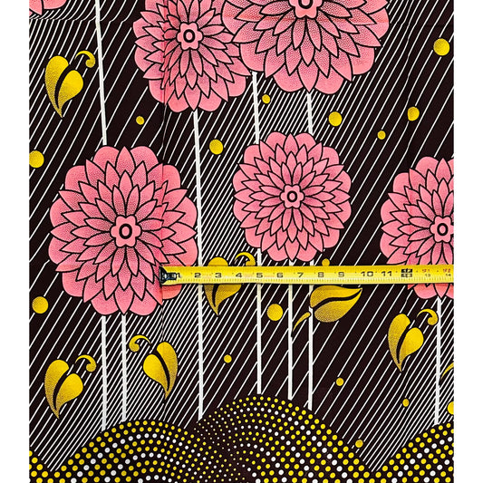 African Print Fabric/Ankara - Pink, Yellow, Brown "Midnight Blossom Parade" Design