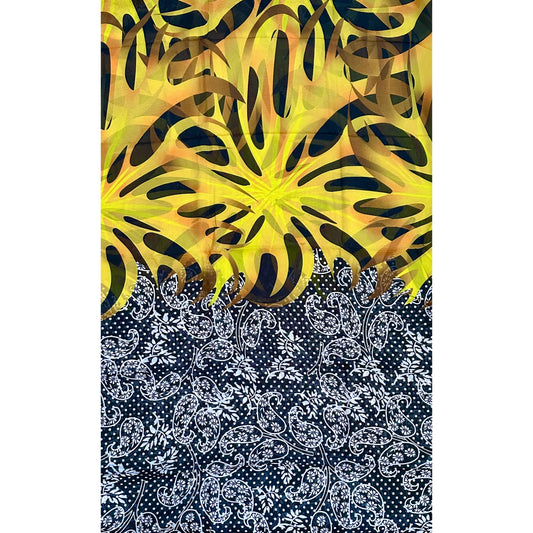 African Print, Chiffon Fabric- Black, White, Yellow, Gold "Swirl of Ibukun", ~ 2 Yards