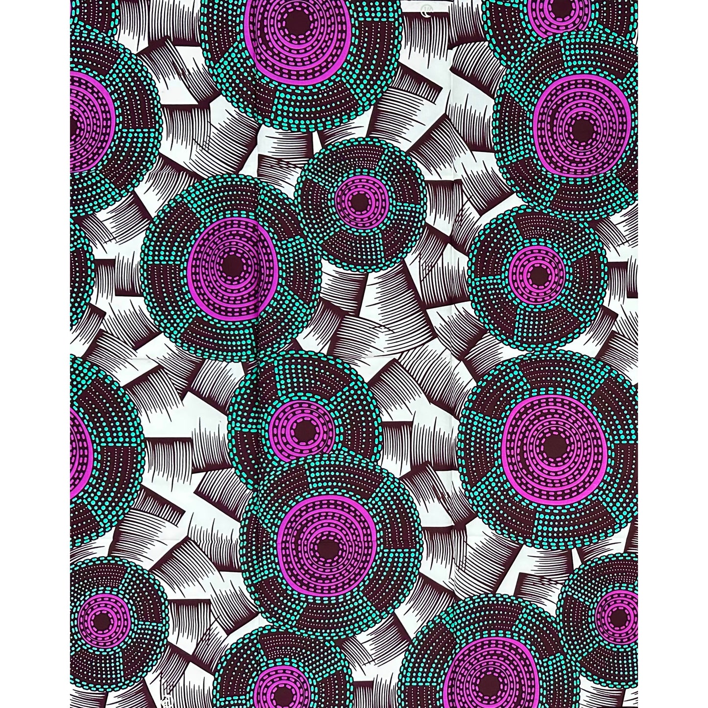 African Print Fabric/ Ankara - Cream, Green, Purple ‘The Drummers Are Watching' Design, 1 YARD