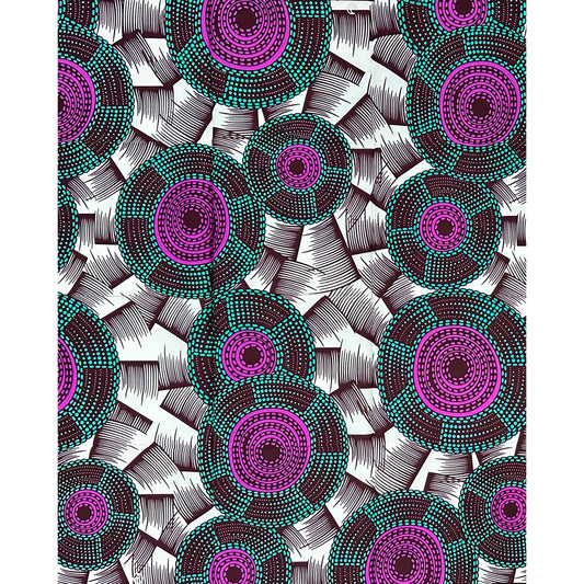 African Print Fabric/ Ankara - Cream, Green, Purple ‘The Drummers Are Watching' Design, 1 YARD
